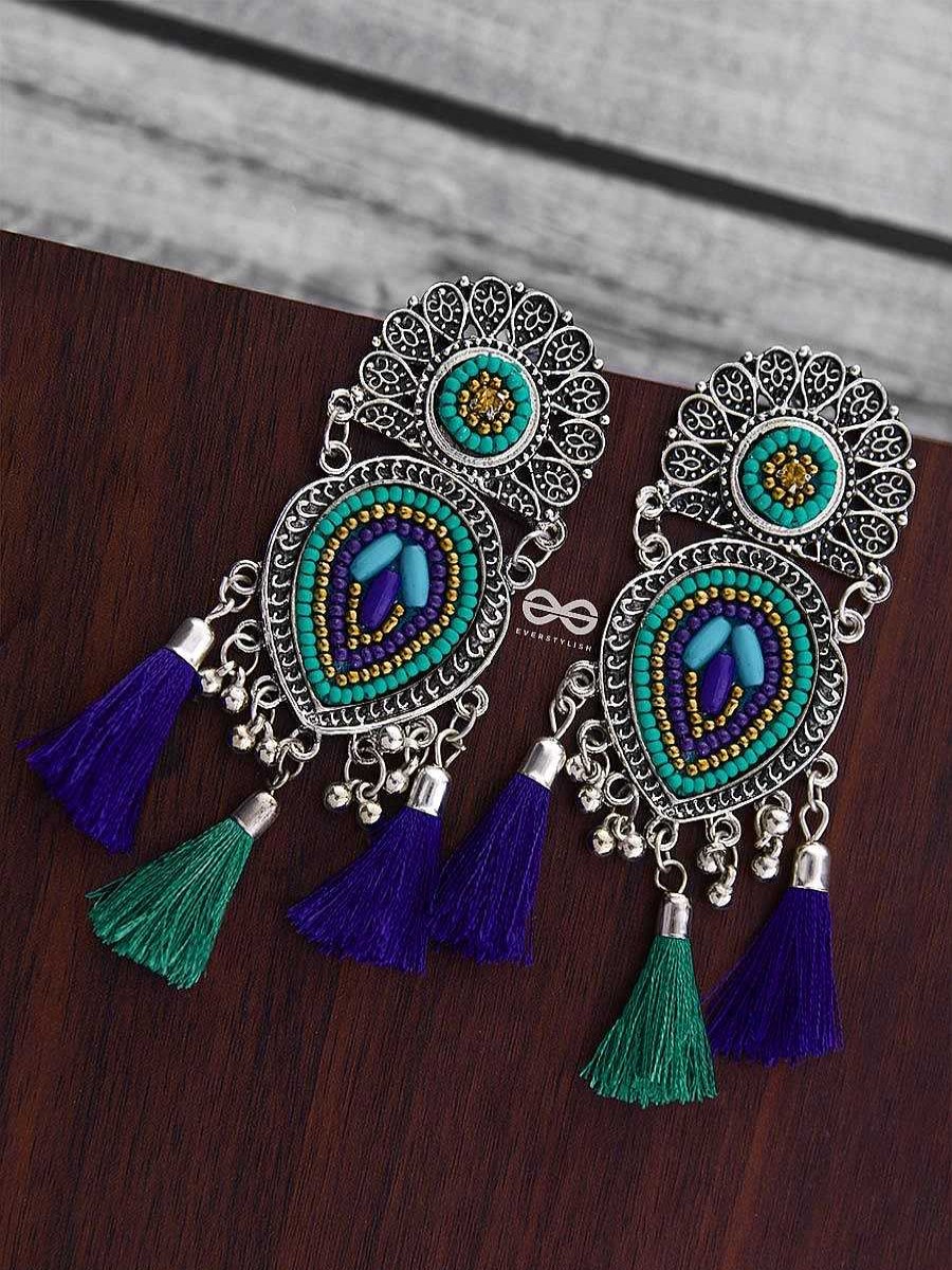 Earrings Everstylish | The Layered Tasseled Statement Makers (Blue Hues) - The Embroidered Oxidised Collection