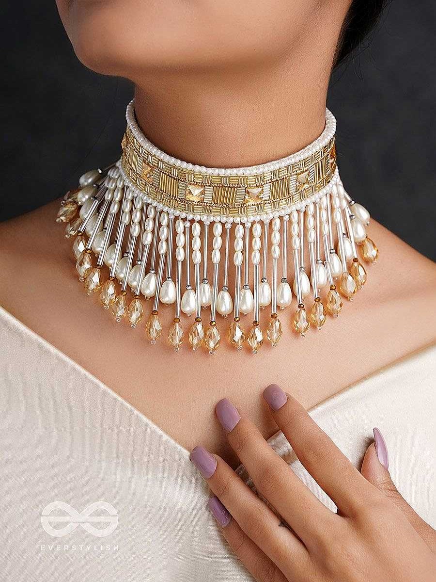 Neckpieces Everstylish | Anshumali- The Sunny Sky- Stones, Pearls And Glass Beads Embroidered Choker Necklace