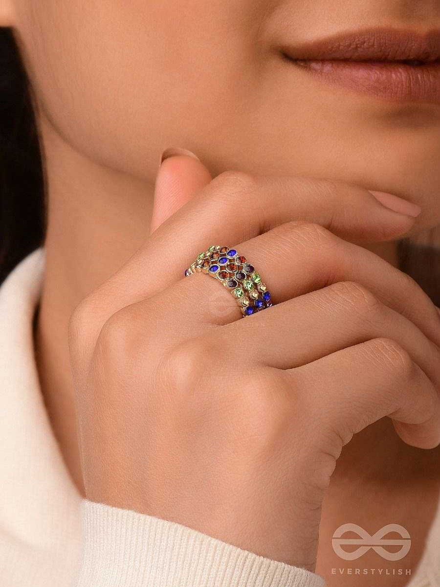 Rings Everstylish | Prism Sparklers - Golden Embellished Ring (Multicolor)