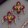 Earrings Everstylish | Chaarvi - The Beautiful And Elegant - Pink And Gold Embroided Earrings With Metal Flowers