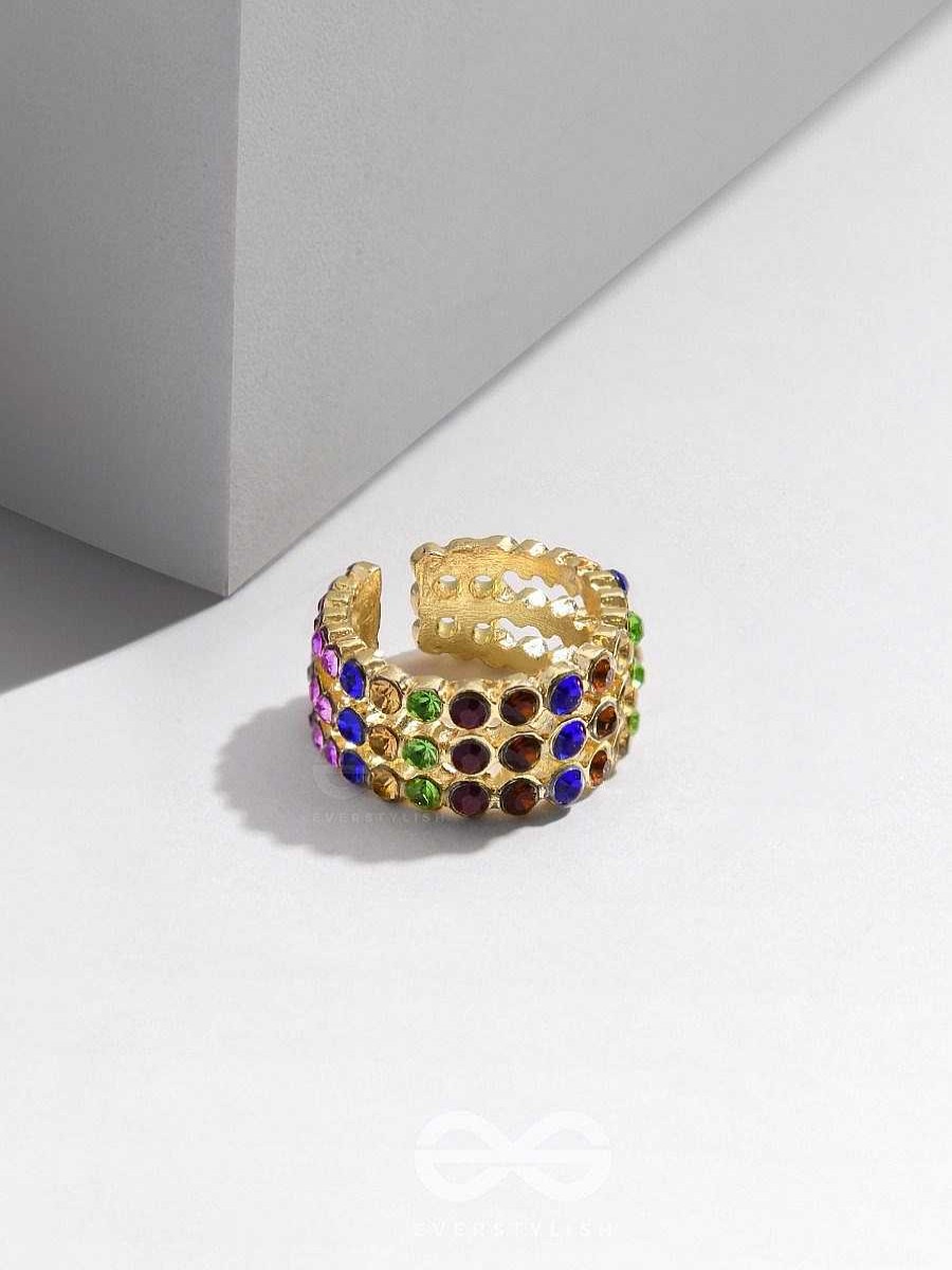 Rings Everstylish | Prism Sparklers - Golden Embellished Ring (Multicolor)