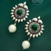 Earrings Everstylish | The Emerald Sun- Green Crystal Encrusted Silver Pearl Earrings