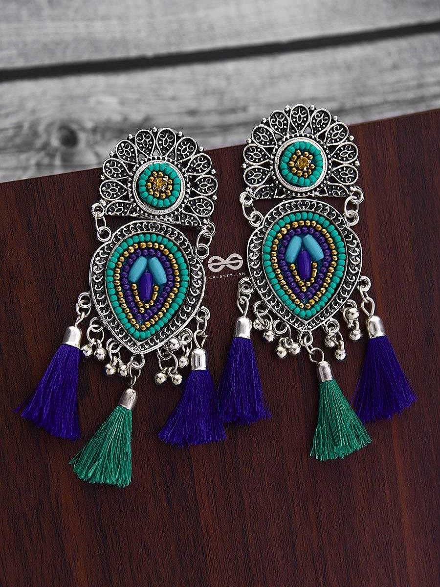 Earrings Everstylish | The Layered Tasseled Statement Makers (Blue Hues) - The Embroidered Oxidised Collection