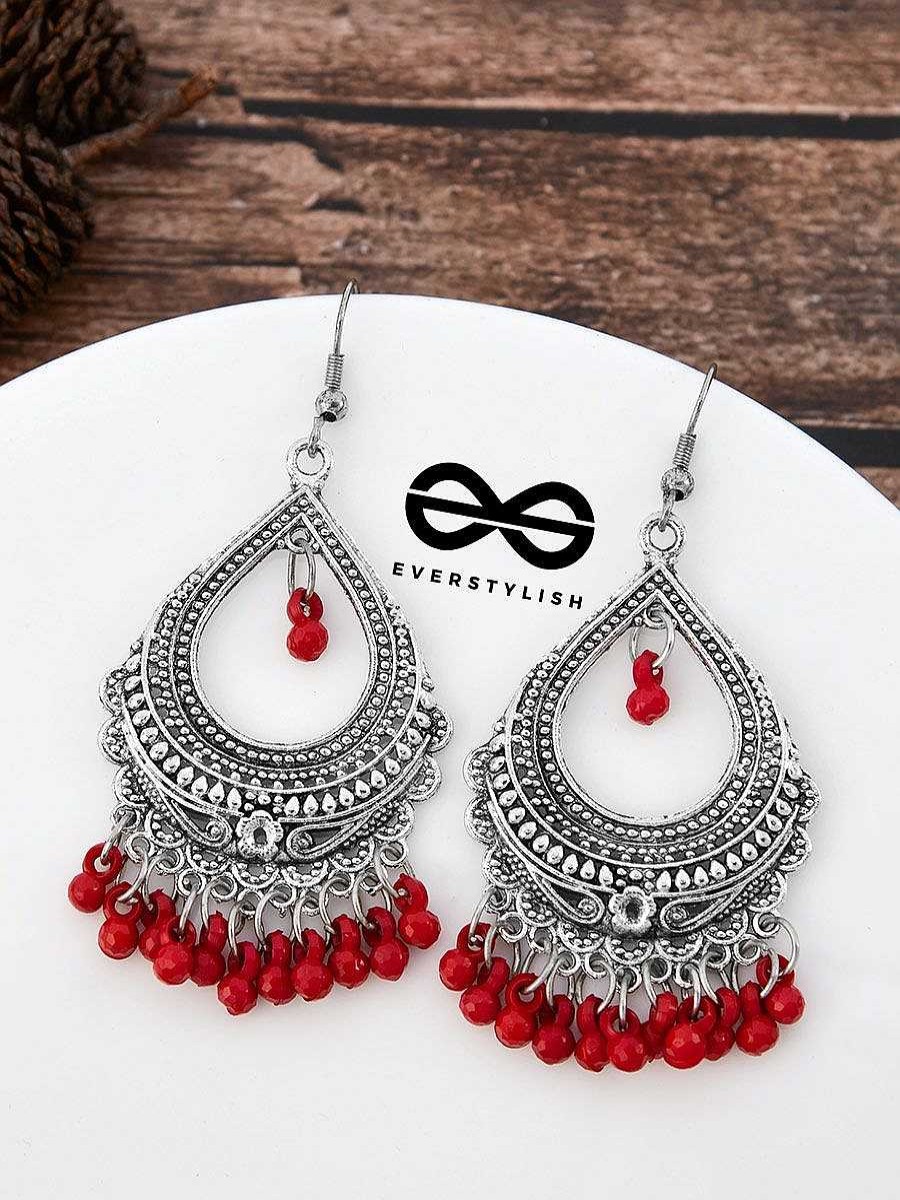 Earrings Everstylish | The Intricate Motif Drops - Oxidised Boho Earrings - Red