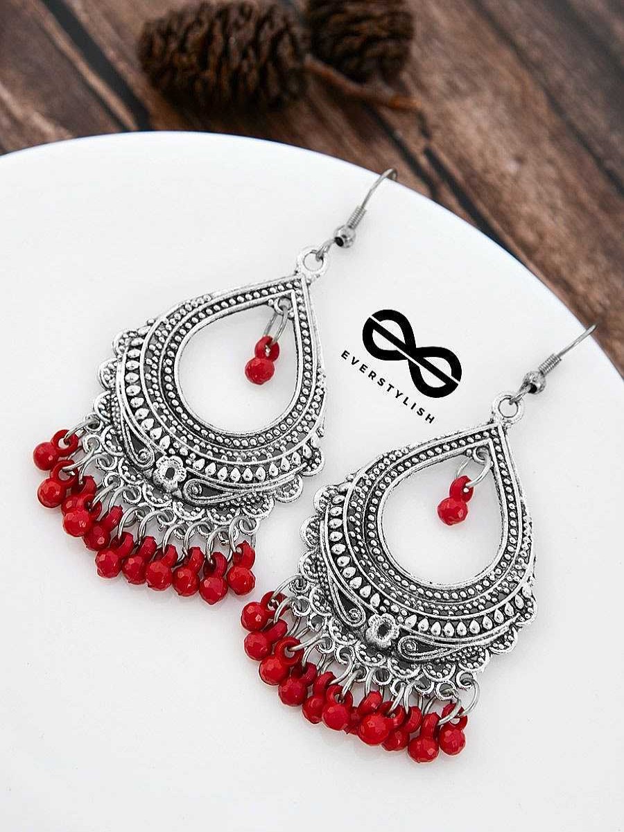 Earrings Everstylish | The Intricate Motif Drops - Oxidised Boho Earrings - Red